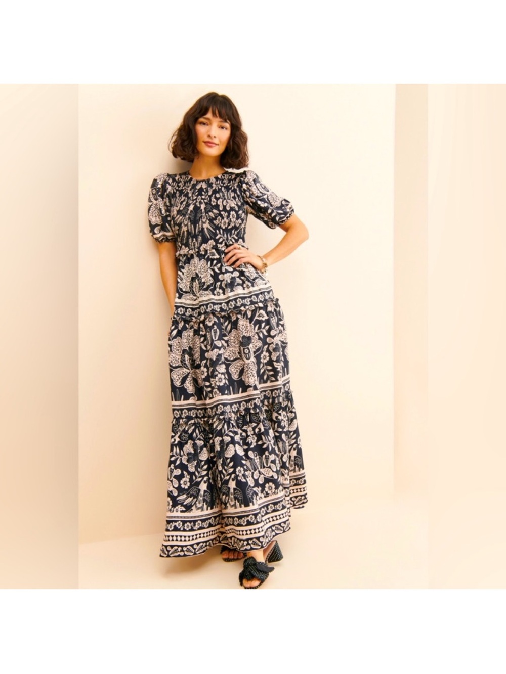 FARM Rio Navy and Cream Floral Puff-Sleeve Tiered Maxi Dress